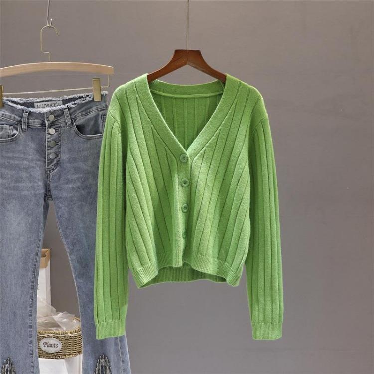 Women's V Neck Knitted Cardigan Short Jacket Loose Long Sleeve Autumn Versatile Outfit Top Sweater