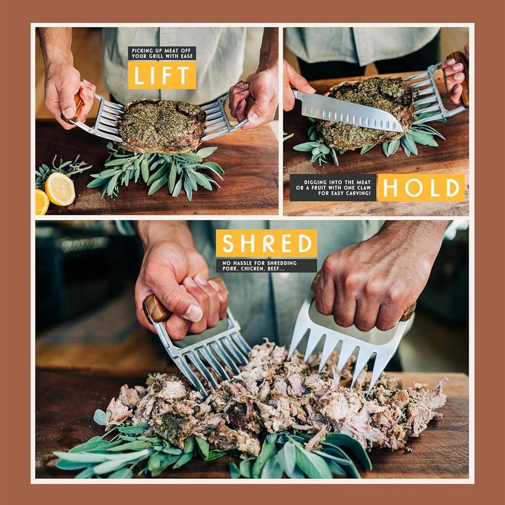 Premium 18/8 Stainless Steel Meat Shredder Claws with Wooden Handles: Effortlessly Shred, Pull, and Serve Pork, Turkey, Chicken, and Brisket!