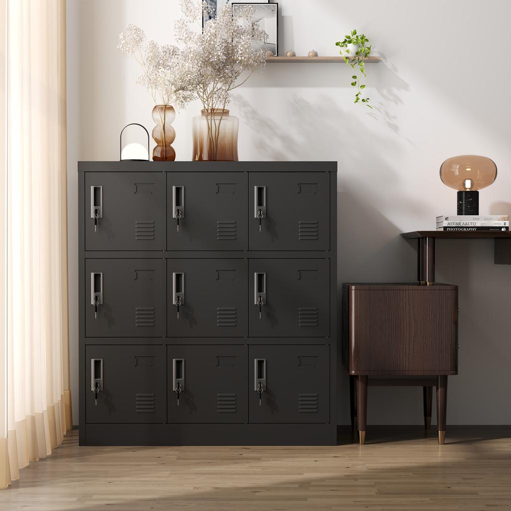 9-Door Metal Cabinets for Office, Gym, School & Home - Secure Storage Cabinet with Card Slot (Black), H 100 cm × B 90 cm × T 40 cm