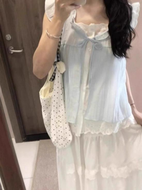 Korean Plaid Ruffle Trim Sleeveless Babydoll Blouse