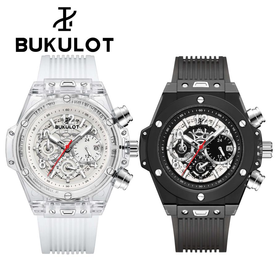 Mens watch BUKULOT chronograph skeleton quartz waterproof gift present
