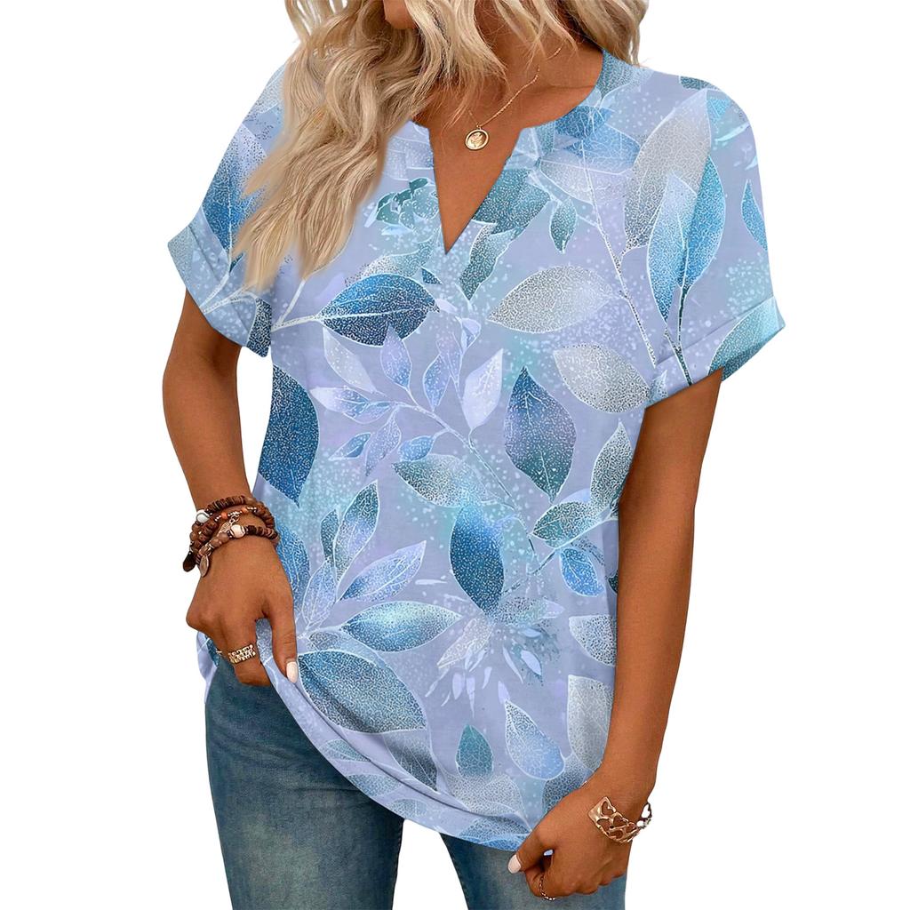 Stylowy damski casualowy T-shirt z krótkim rękawem z dekoltem w serek i retro kwiatowym nadrukiem