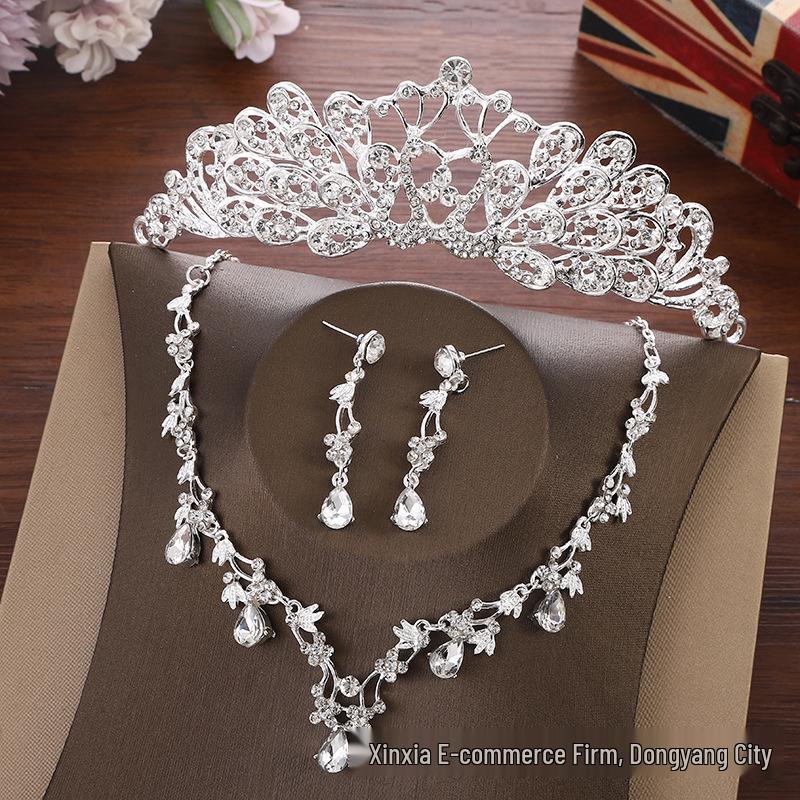 Zircon Korean-Style Bridal Headdress & Jewelry Set - Crown, Necklace, Earrings