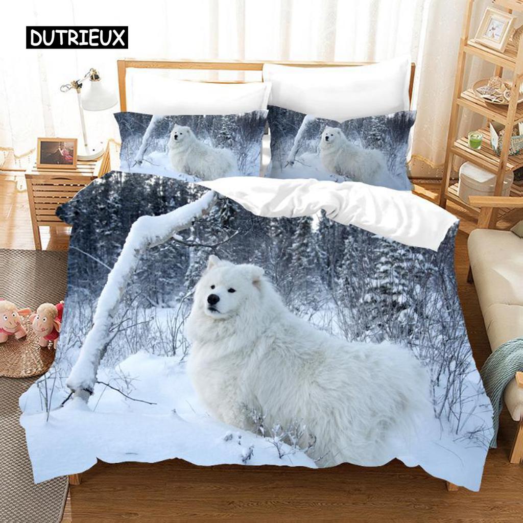 Samoyed Duvet Cover Set Cute Dog Pattern Decor Bedding Set Grass Green for Kids Girls Adults Lovely Animal Polyester Quilt Cover