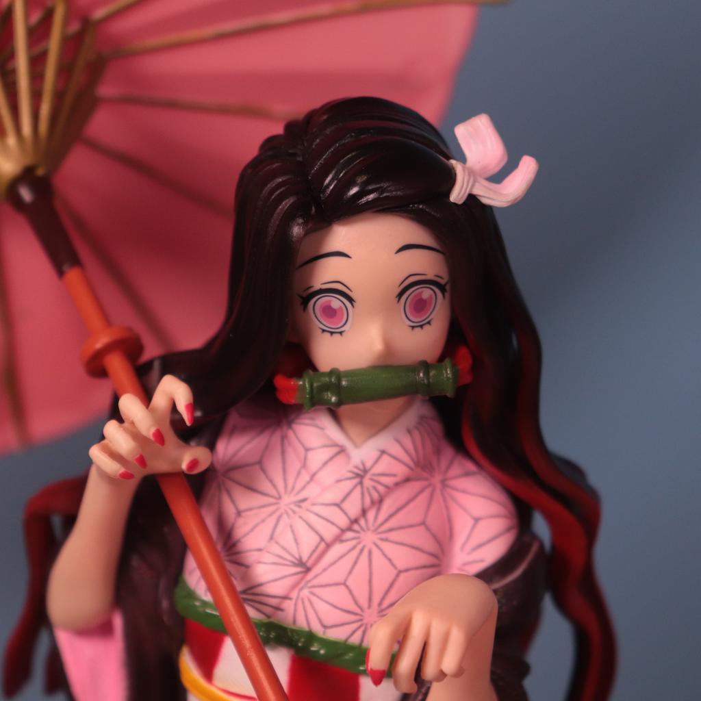 Cartoon Anime Demon Slayer Action Figure Nezuko Kamado Sitting Posture Flower Umbrella Scene Model Statue Decoration Toy