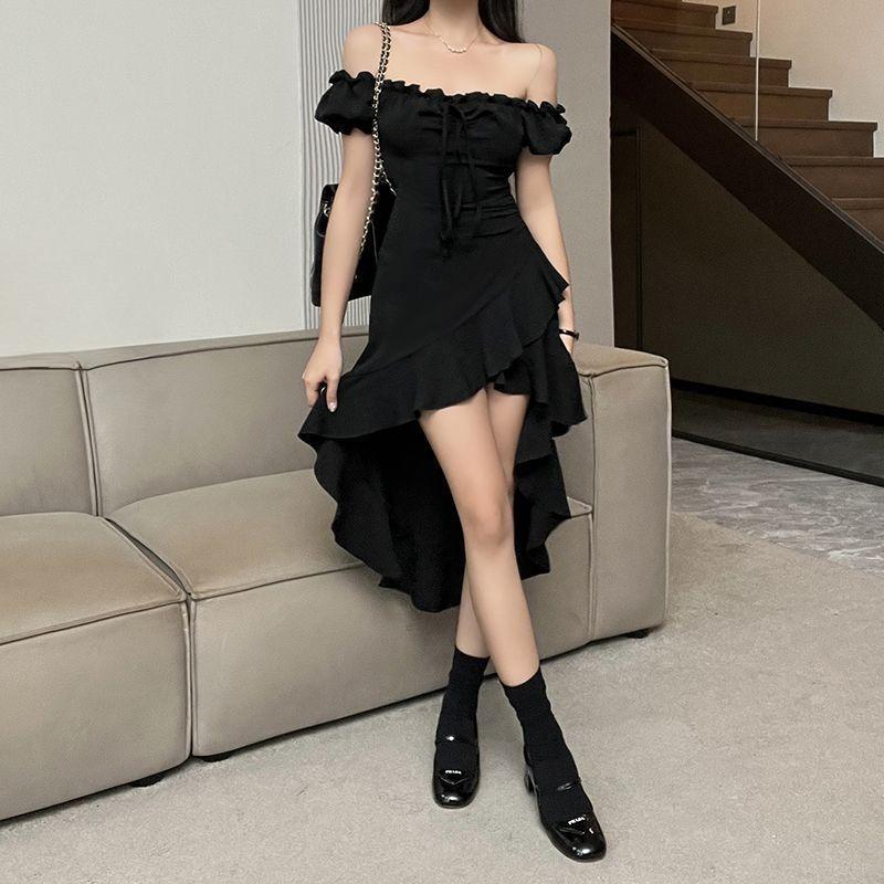 New Chinese Style Summer Bubble Sleeves Slimming Irregular Lace Up Dress