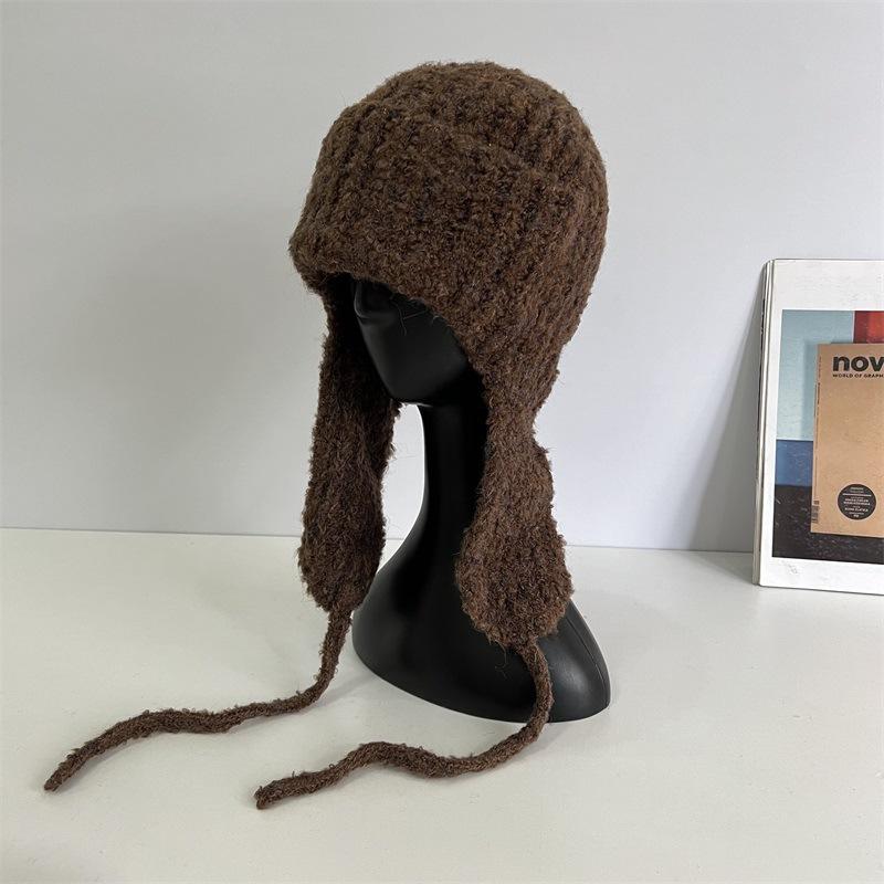 

Девочки милые и симпатичные шапки-ушанки, осенне-зимние ветрозащитные наушники, шерстяные шапки, ретро однотонные шапки-ушанки показывают маленькое лицо M（56-58cm） темно-коричневого