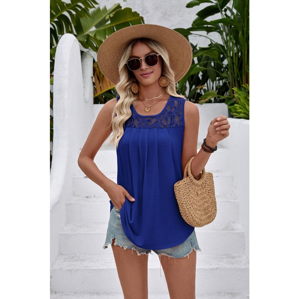 Damen Spitze Hals Falten Ärmellos Tanktop Lässig Rayon Mischung Rundhals Bluse