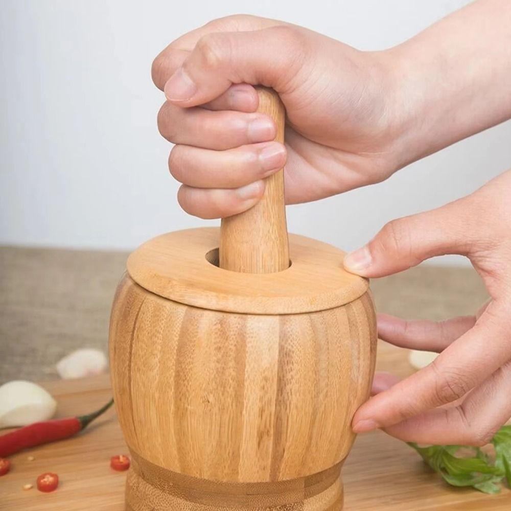 Splash-proof Manual Spice Crusher Premium Bamboo Garlic Masher Grinding Bowl with Lid  Home Kitchen