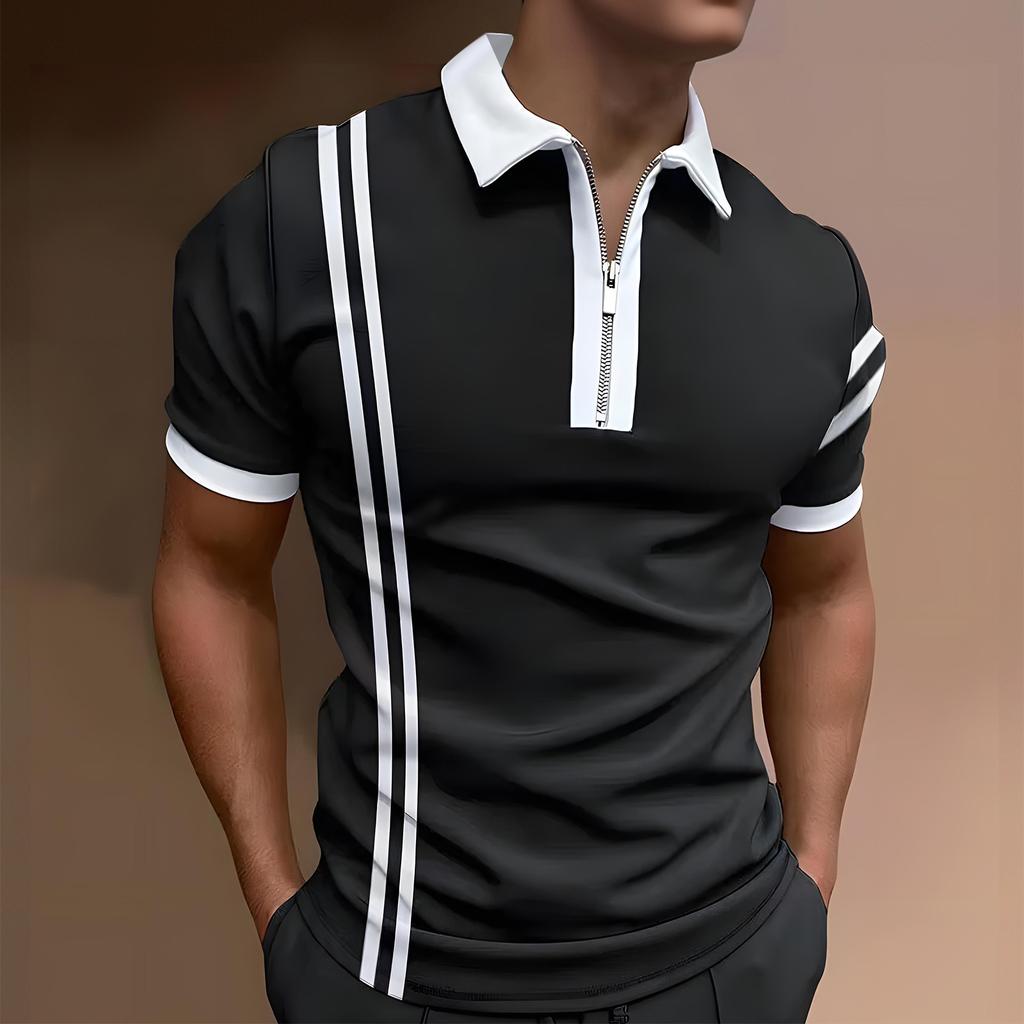 Men's Casual Striped Zipper-Collar Short-Sleeve Shirt