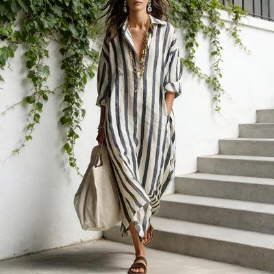 Loose Shirt Dress for Women Casual Long Sleeve V Neck Striped Long Dress Travel Vacation Maxi Dress with Pockets