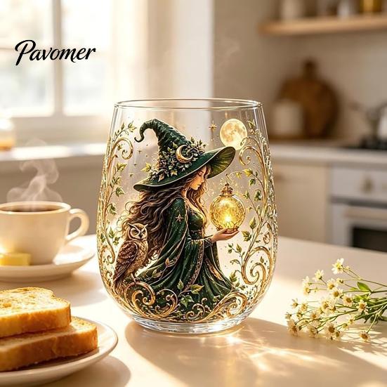 Regalo Stile Fantasy per Amici Tazza in Vetro Strega Magica, Bicchiere Trasparente Tema Retro Halloween, Vetro con Stampa Motivo Unico Decorazione Gotica di Nicchia