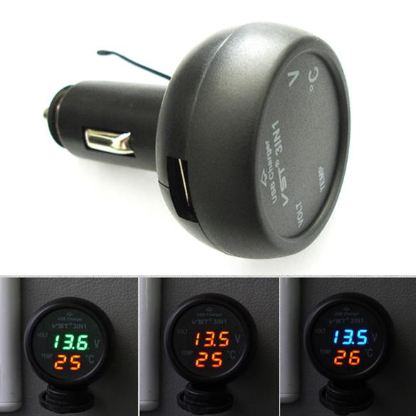 Car Voltmeter Tester 3in1 Digital Voltmeter Thermometer Blue Red LED Display 12/24V 2.1A Cigarette Lighter USB Car Charger