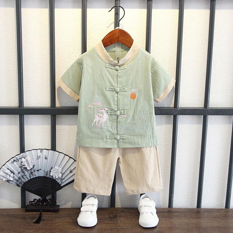 Completo Estivo da Ragazzo a Maniche Corte Stile Cinese per Bambini Hanbok Bello Completo Tang Cotone Lino Sezione Sottile di Abbigliamento Antico