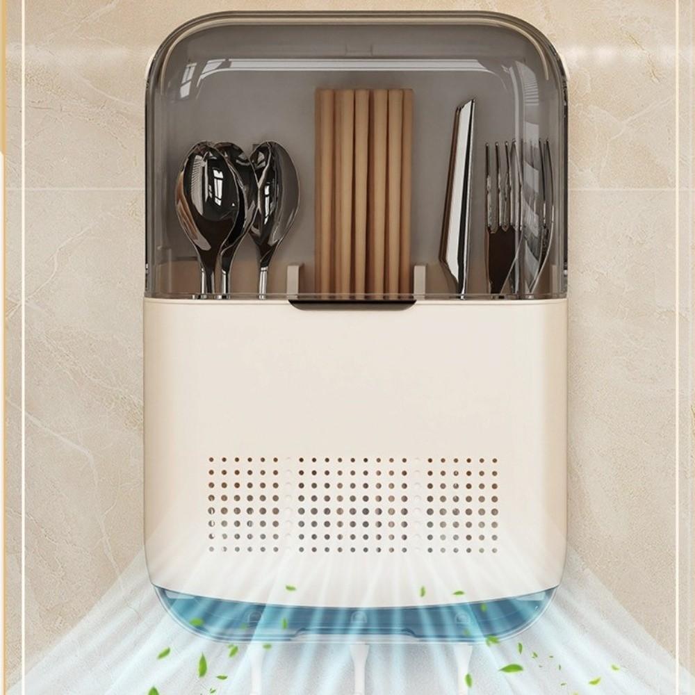 Wall Mount Kitchen Storage Box with Lid Dustproof Spoon Organizer Multifunctional Space Saving Chopstick Organizer