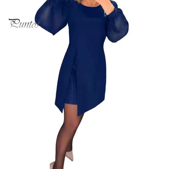 

Женское платье с круглым вырезом и рукавами-фонариками, облегающее платье из двух частей, обтягивающее однотонное повседневное мини-платье M синий