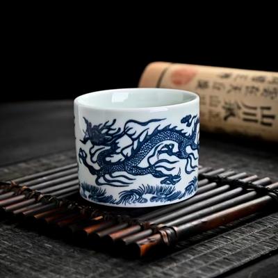 Antique Blue White Dragon Cup - Chinese Qinghua Ceramic Tea Cup, Vintage Porcelain Sake/Whisky Shot Glass, Asian Decor
