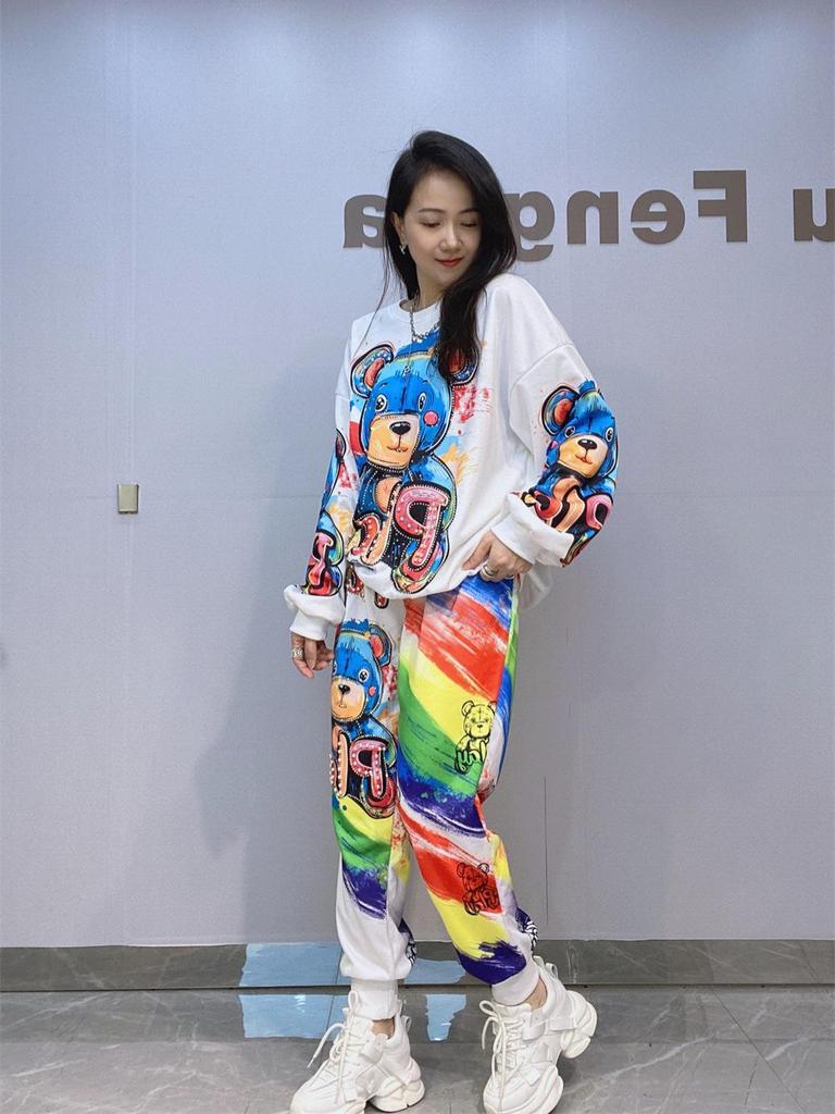 European & American Women's Autumn Round Neck Long Sleeve Hoodie and Pant Set with Rhinestone Print - Plus Size Available