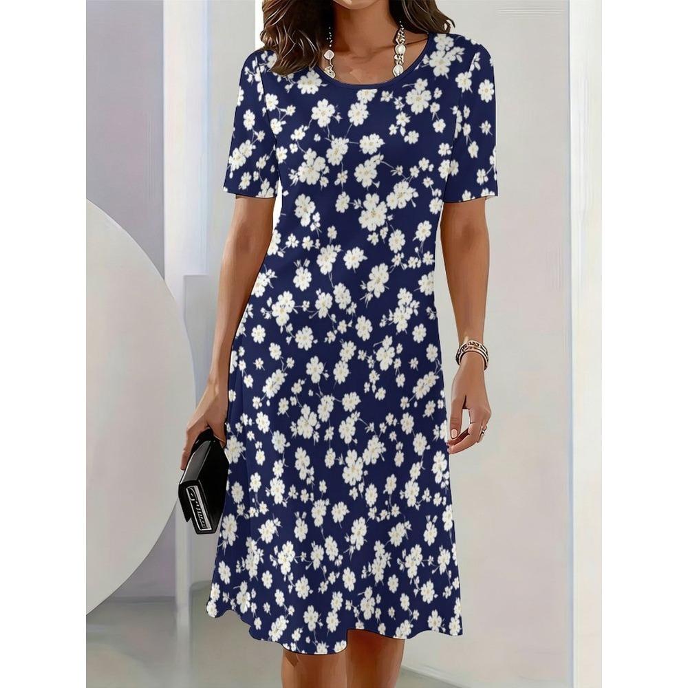 Summer Fashionable Casual Round Neck T-shirt Short Sleeved Mid Length Mini Dress Soft Comfortable Retro Versatile Party Loose 3D Printed Women's Dress