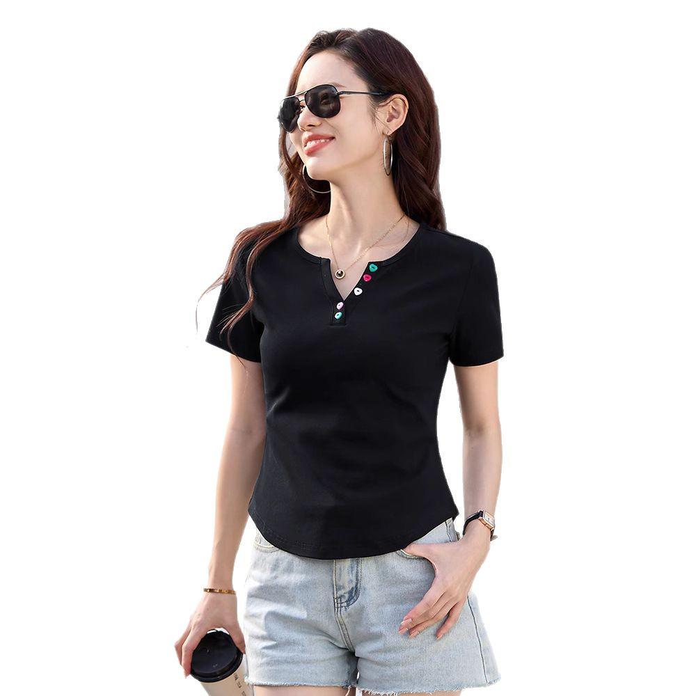 Korean Style Slim Fit Women's V-neck Short Sleeve T-shirt - Solid Color Fashion Top