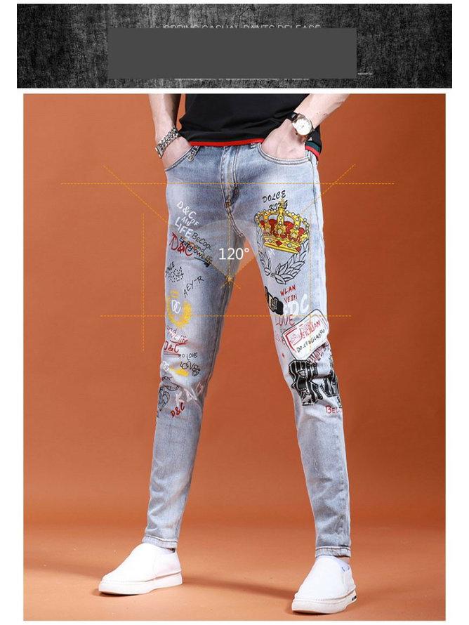 Europejskie Męskie Elastyczne Jeansy Slim Fit z Haftem - Modne Koreańskie Czarne Spodnie