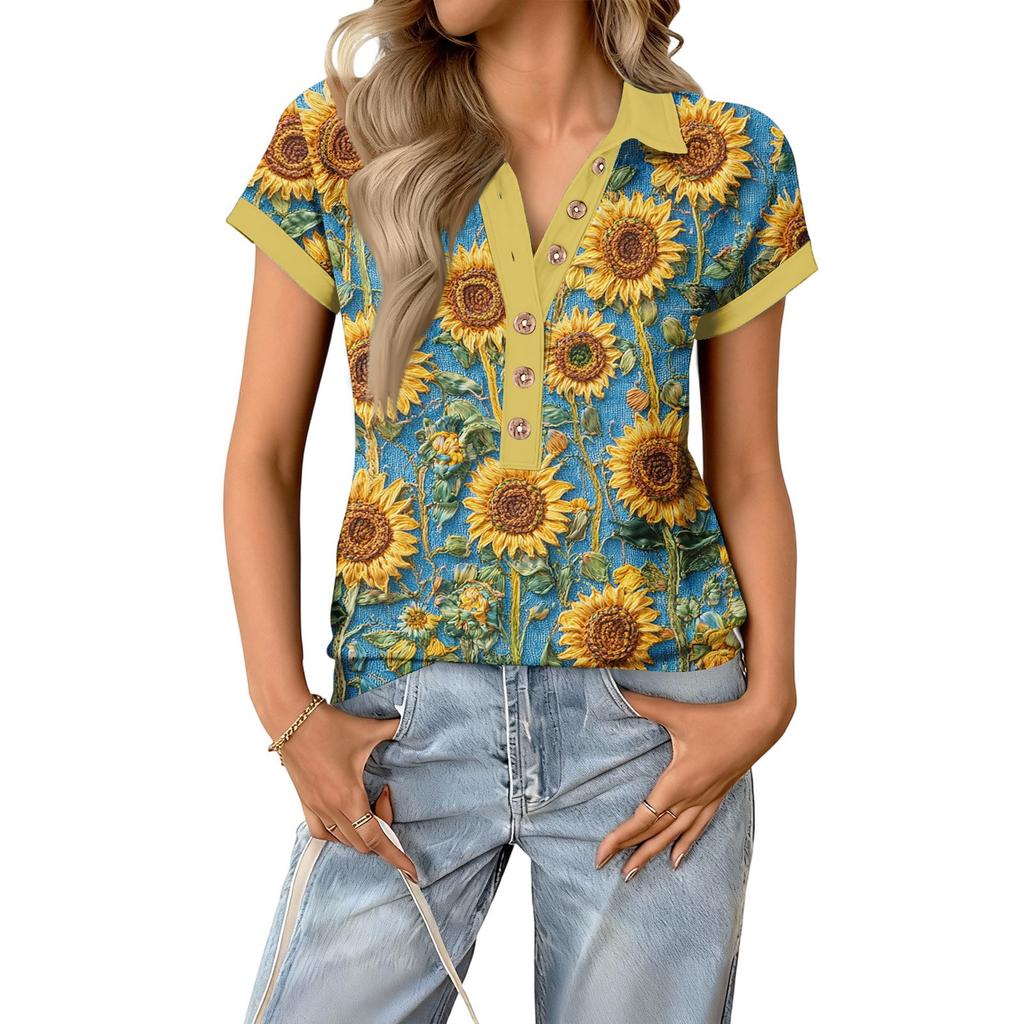 Damen modisches und lässiges Sommer V-Ausschnitt Patchwork Kurzarm Top mit floralem Druck