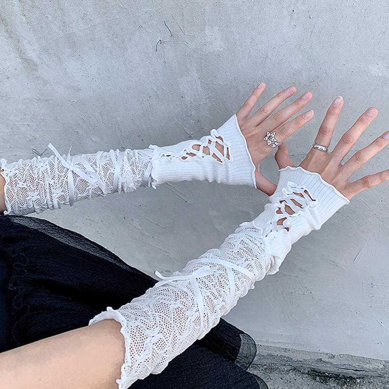 Lolita Strapping Bow Fishnet Lace Fingerless Gloves Floral Elastic Mesh Handwear