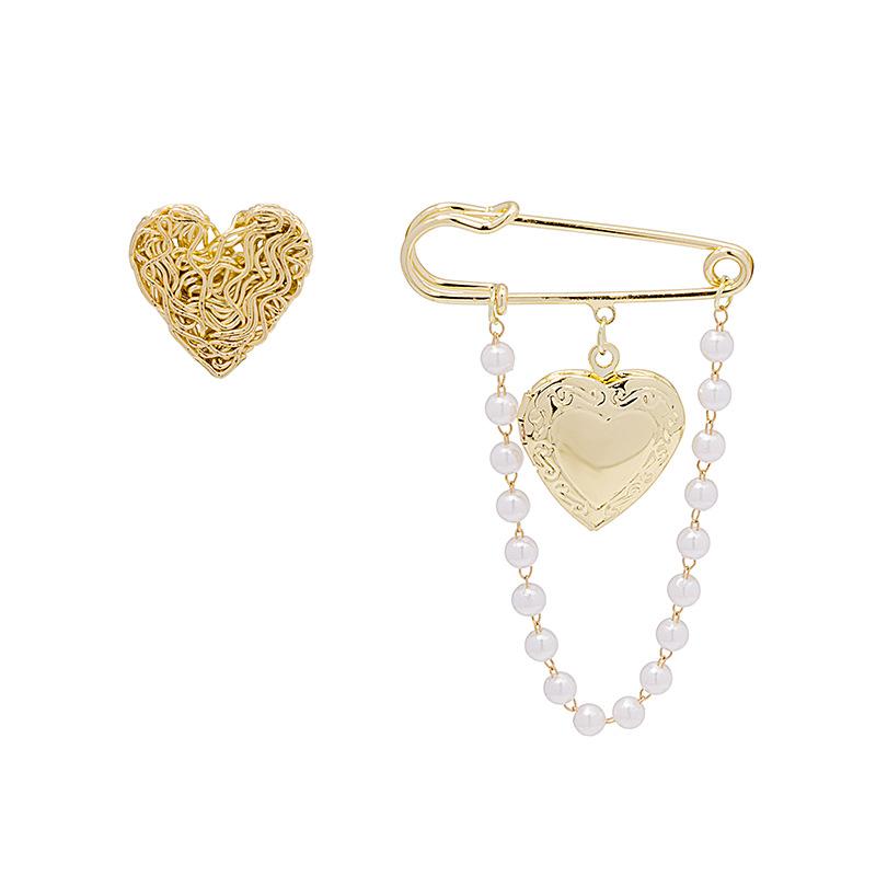 Cold Wind Retro Geometric Love Brooch Stylish Simple Pearl Chain Two-Piece Set Pin Brooch