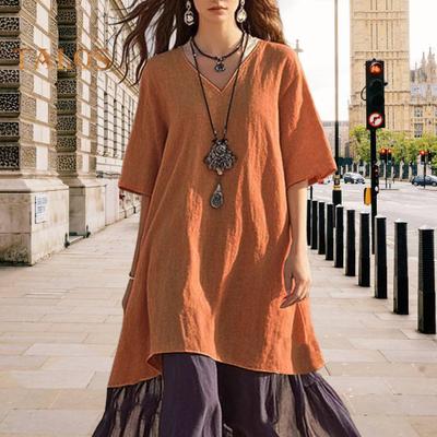 Women's Boho Patchwork Loose Dress Casual V-Neck Short Sleeve Swing Dress Summer Beach Vacation Sundress