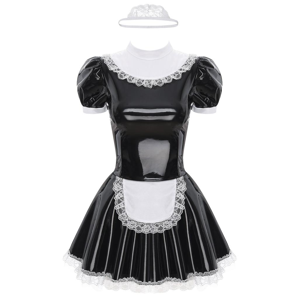 Damen Glänzendes Lackleder Dienstmädchenkleid Spitze Stirnband Rüschen Spitze Schürze Puffärmel Kleid