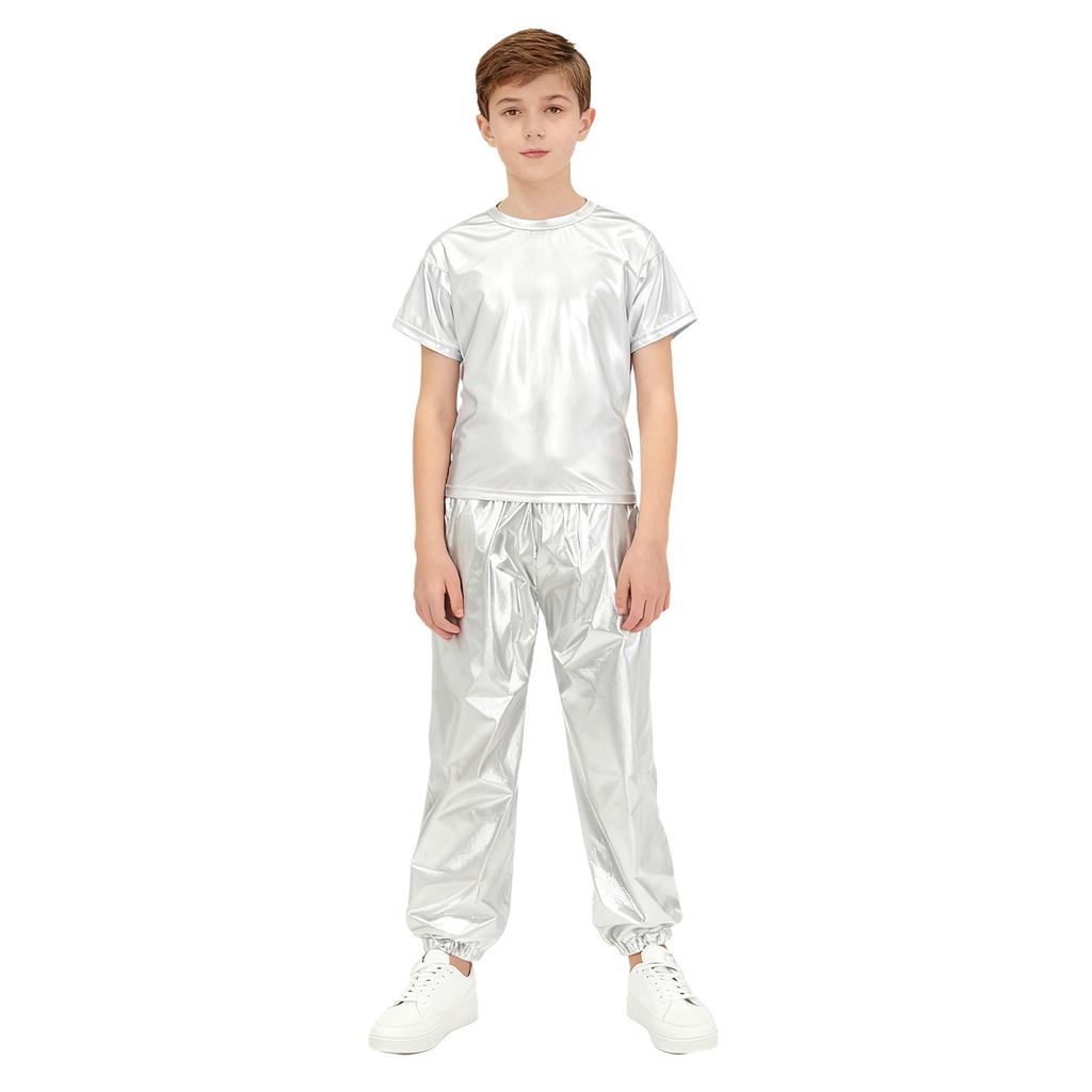 Children‘s Unisex Metallic Glitter Performance Set Short Sleeve Crew Neck Top with Bottoms for Dance Party Costume Dress Up