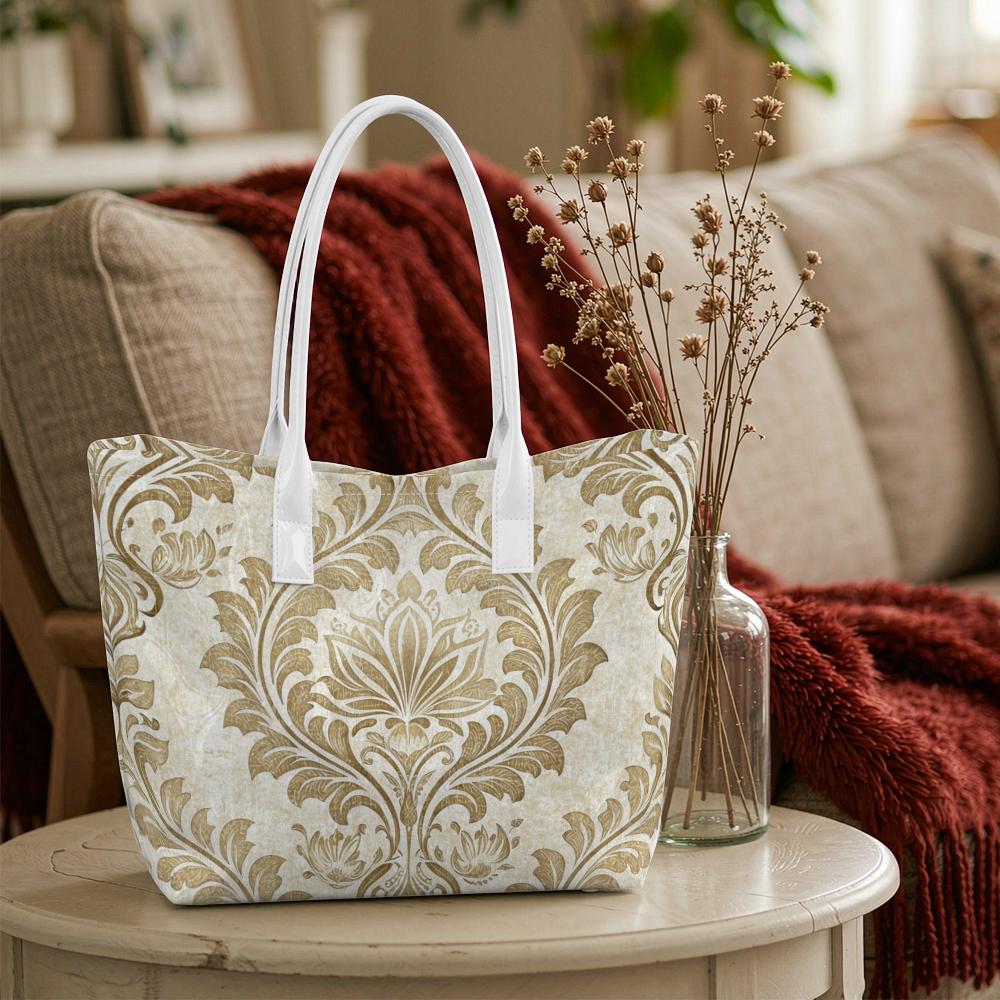 Elegant Gold Pattern Tote Bag Vintage Casual Large Shoulder Handbag for Daily Use