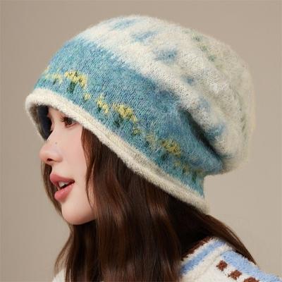 Fair Isle Style Pullover Hat Windproof Beanies Hat Comfortable Jacquard Knitted Hat  For Women