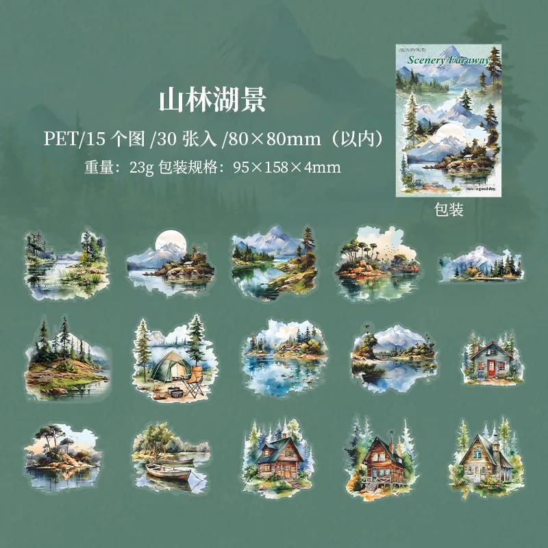 30Pcsbag Transparent Stickers Bag Twilight Forest Series Art Landscape Scrapbook Junk Journal Diary Decorative Collages