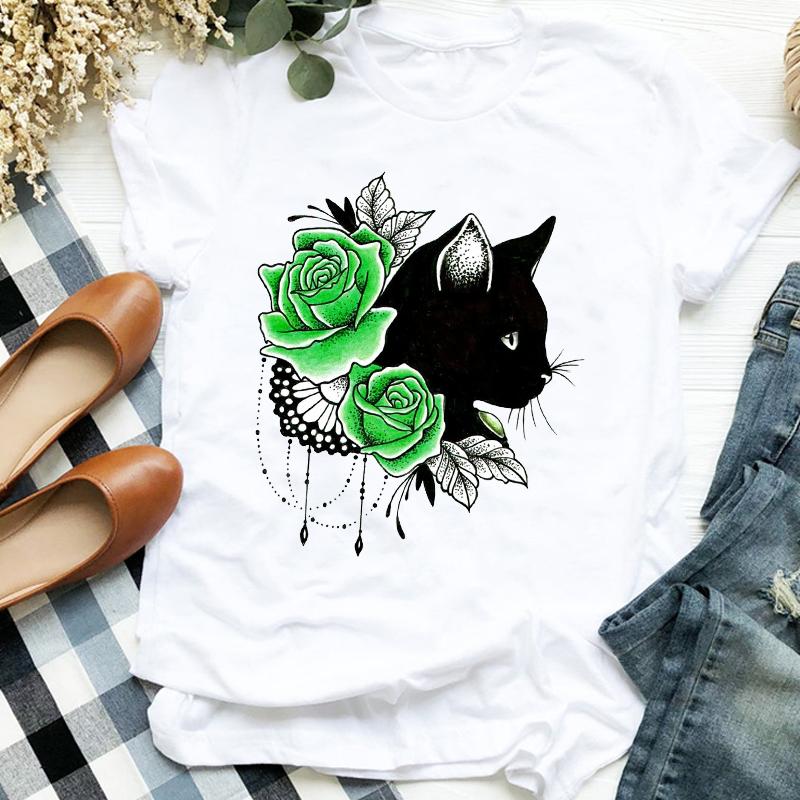 Women Lady Cartoon Cat Coffee Life Pet Cute Trend Fashion Print Tshirt Shirt Clothes Top Graphic Female T Tee Womens Tshirt