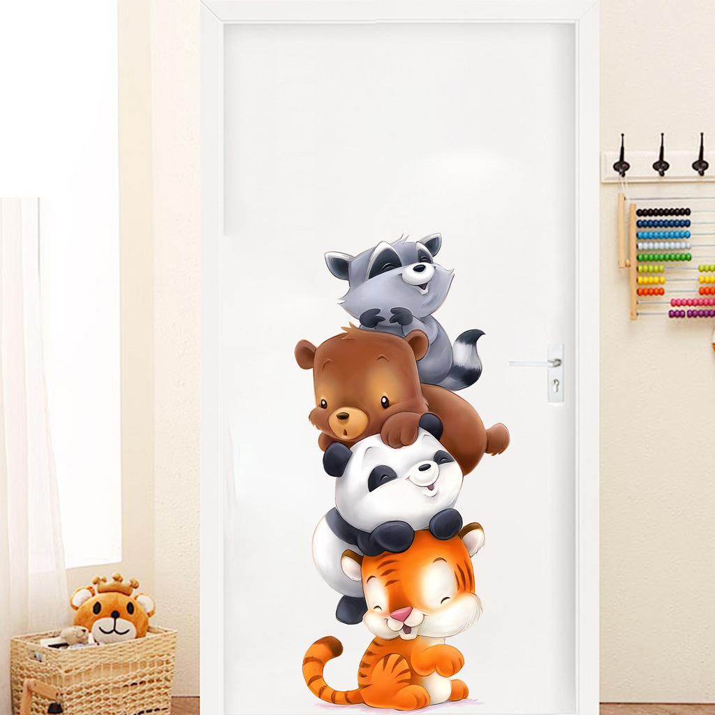 Cute Cartoon Stacked Animals Tower Wall Stickers, Self-Adhesive Decor for Kids Room Kindergarten Bedroom Entryway Decoration