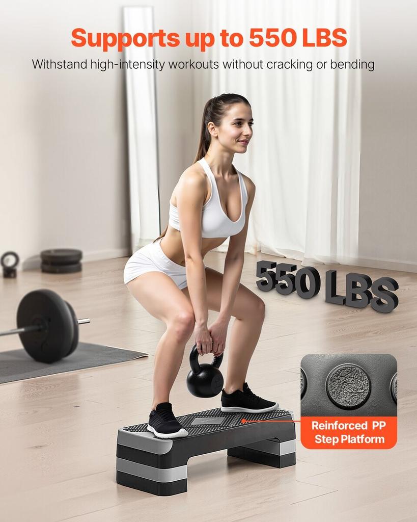 Aerobic Exercise Step Platform Adjustable Workout Stepper 4 Riser Gray