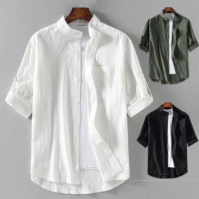Spring and Summer Men's Stand Collar Five-point Mid-sleeve Men's Short-sleeved Shirt Seven-point Sleeve Men's