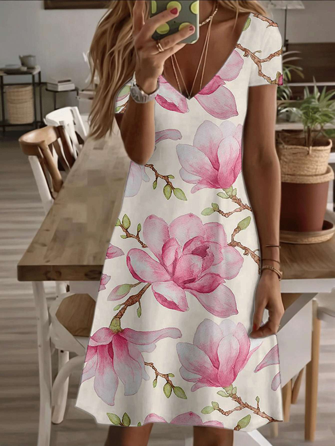 

Vneck shortsleeve midi dress magnolia floral print design 3D premium printing durable casual fashion elegant summer outfit lightweight breathable styl L дубильная кора