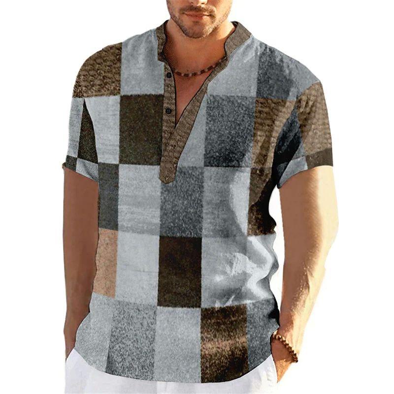 Vintage Men'S 3D Faion Patchwork Printed Irt Oversized Autumn Collar Fce Lined Thiened Nine-Quarter Sve