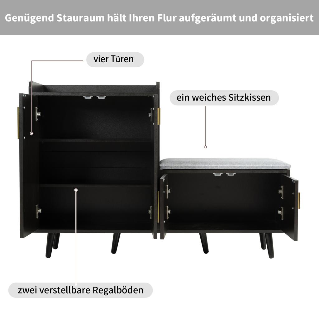 Modern Shoe Bench with Black Walnut Wood, Shoe Cabinet, Equipped with Four Storage Doors, Asymmetric Metal Handles, W120/D34/H82