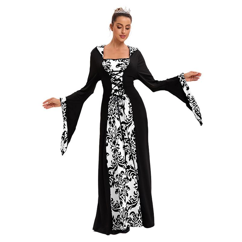 Women's Dinner Medieval Hooded Pendulum Dress Printed Retro Literary Long Sleeve Lace Up Waist
