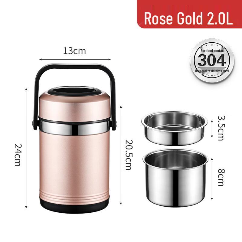 Handun 2000ML 304 Stainless Steel Insulated Vacuum Lunch Box, Rose Gold
