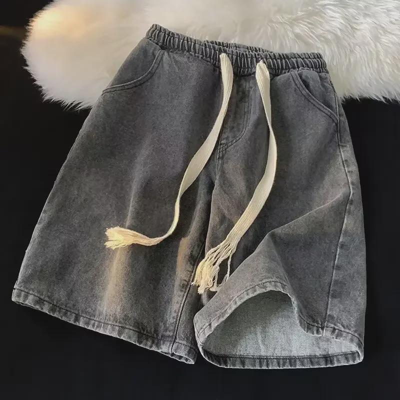 Men's Retro Straight-Leg Denim Drawstring Shorts - Casual, Lightweight, Mid-Length, Loose Fit, Summer Style, Large Size