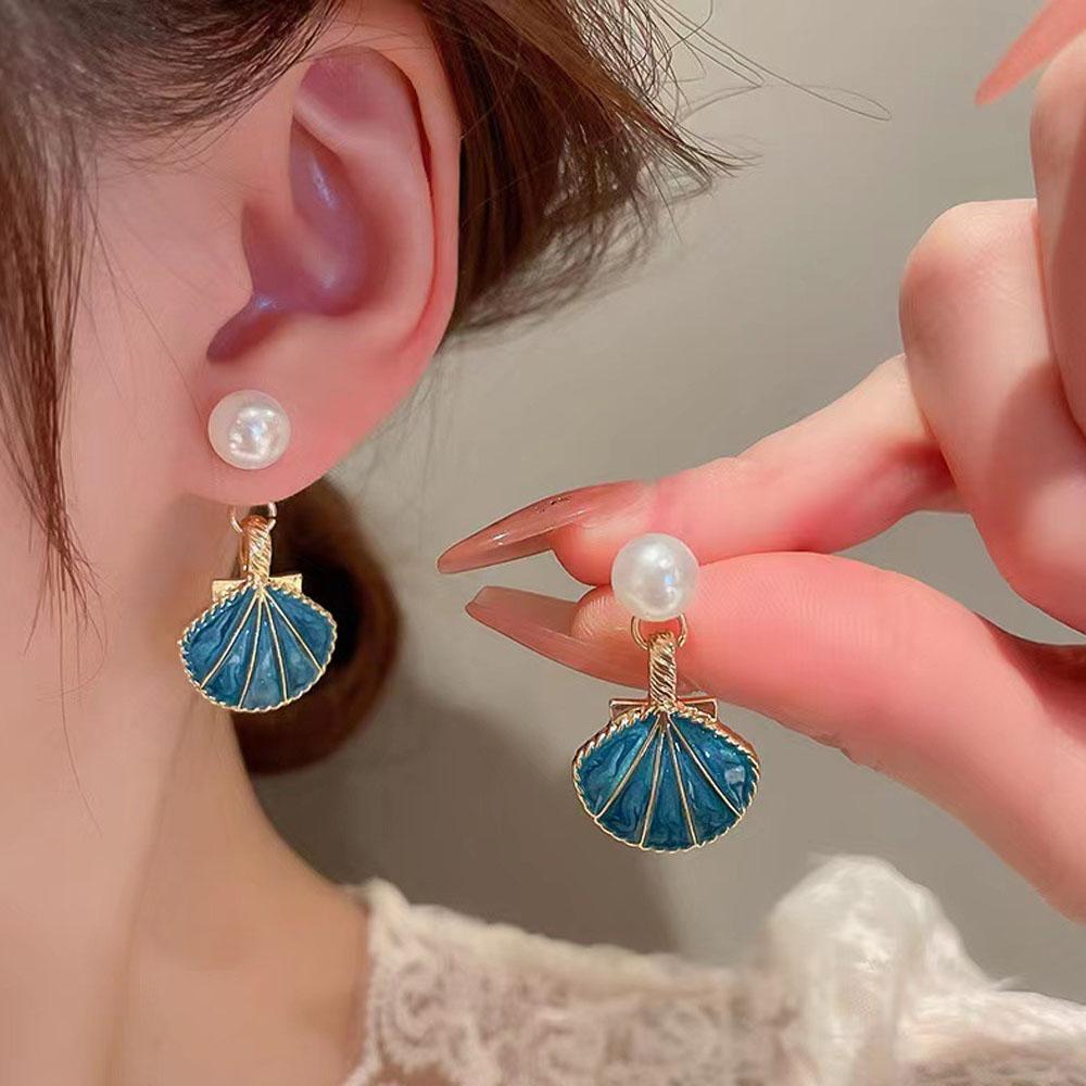 Fashion Enamel Shell Pearl Earrings For Women Exquisite Elegant Pendant Earrings Casual Vacation Party Jewelry Lady Gifts 1Pair