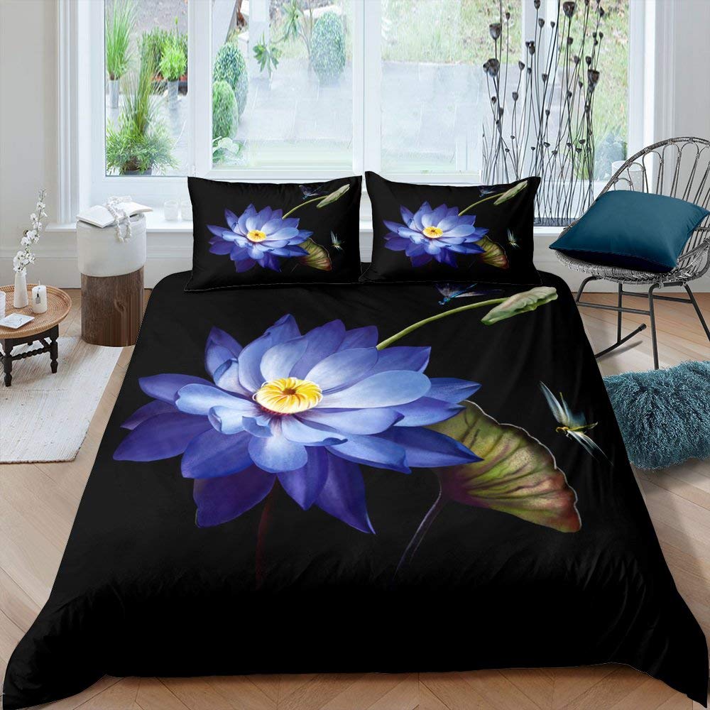 Dragonfly and Lotus Duvet Covers for Kids Teens Lightweight Quilt Covers Blossom Flowers Pond Natural Scenery Animal Bedding Set