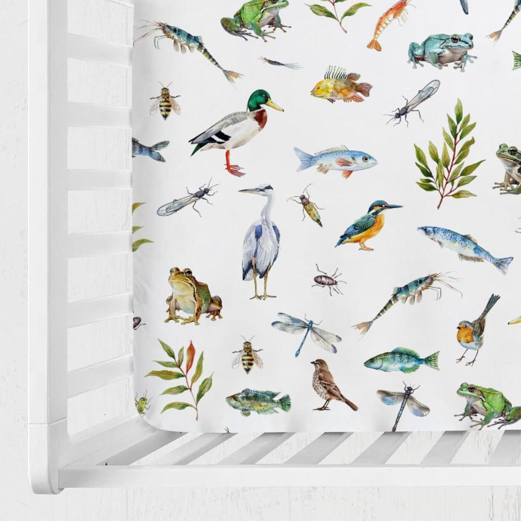 Wildlife Pond Baby Crib Sheets 52''x28'' Wild Animals Frogs Duck Fish Bird Weeds Snug Fitted Crib Mattress Cover for Boy Girl Fishing Hunting Soft