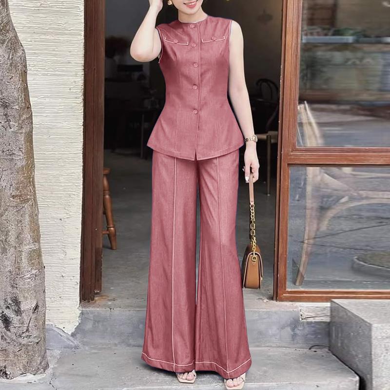 

ZANZEA Женский летний костюм-двойка: жилет без рукавов и брюки L розовый