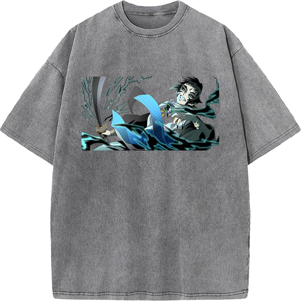 Kaigaku Graphic Washed T Shirt Demon Slayer Anime Tee Men Oversized Cotton Tshirts Harajuku Male Short-sleeve Vintage T-shirt