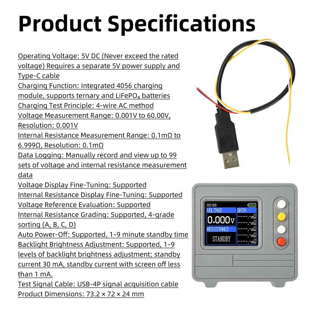 TFT color screen display Lithium Battery voltage internal resistance tester For Battery AC 1-wire High-precision electronic load